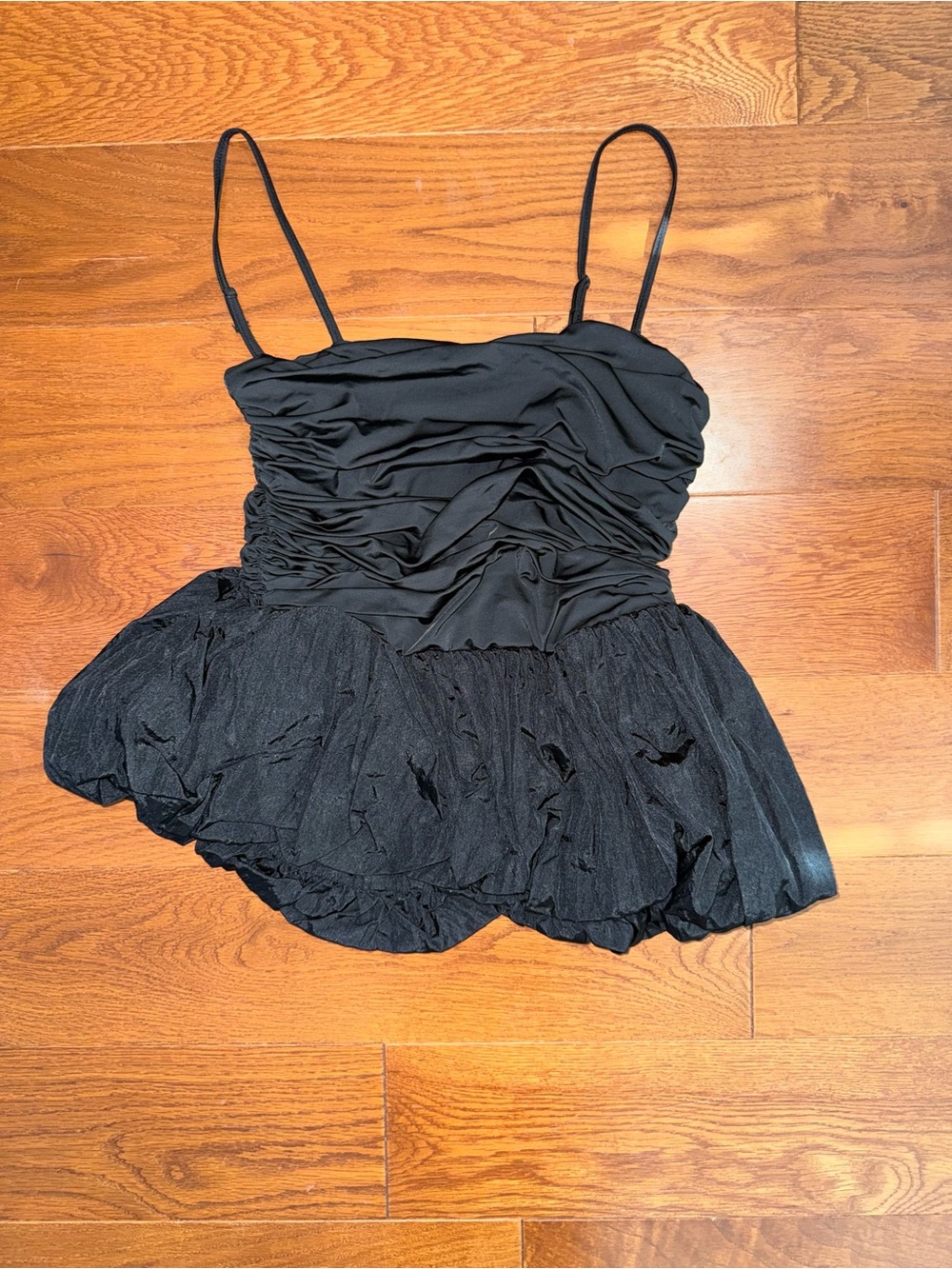 Women's Black Ruched Spaghetti Strap Peplum Tank Top